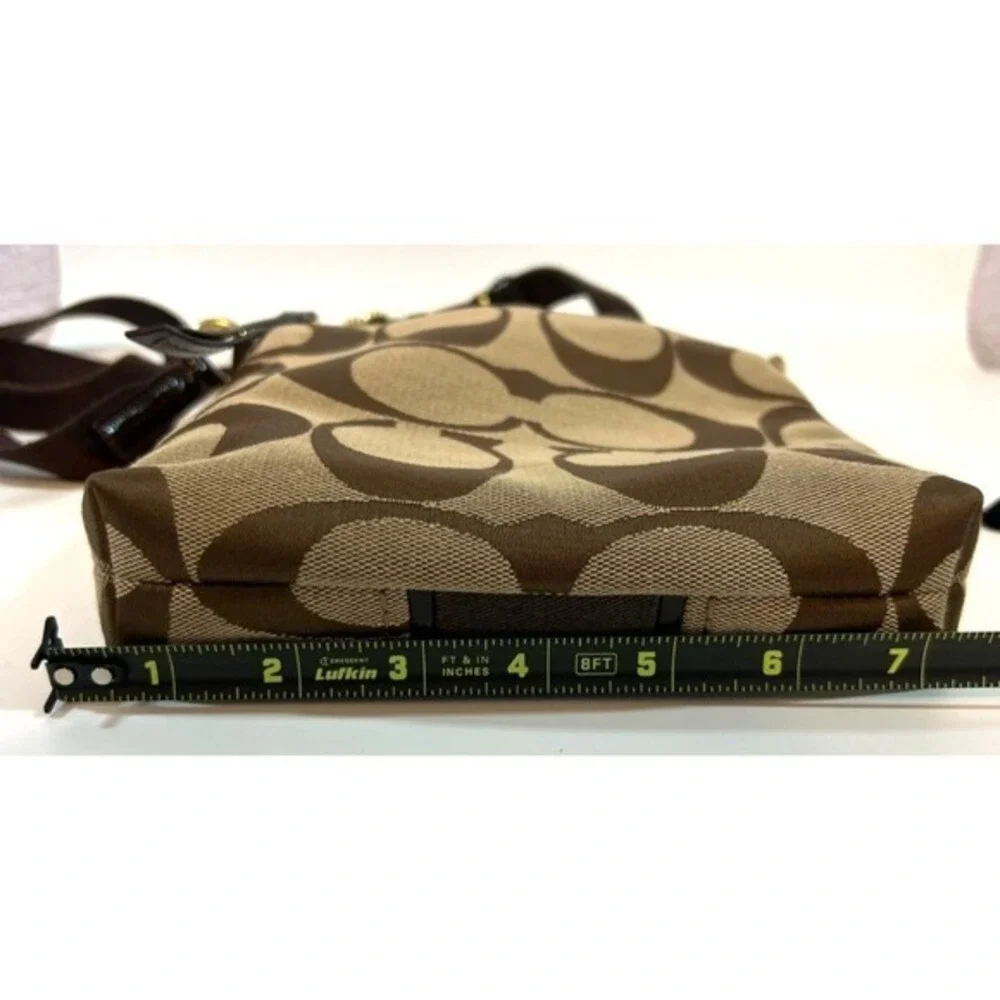 Coach Signature Jacquard‎ Crossbody Bag  Brown Tan Zip Leather Trim Ext Pockets